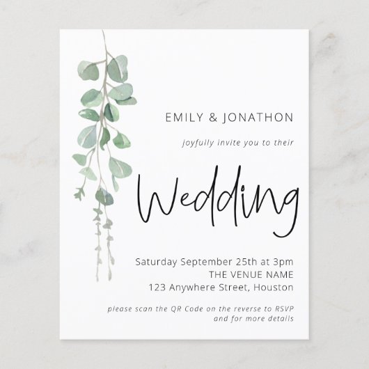 Budget Modern Eucalyptus QR Wedding Invitation (正面)