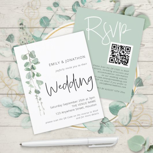 Budget Modern Eucalyptus QR Wedding Invitation