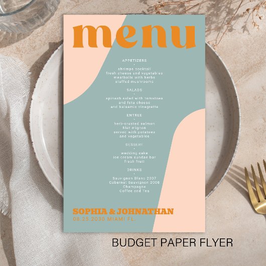 Budget modern retro groovy wedding menu template チラシ