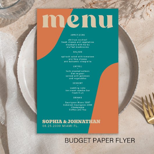 Budget modern retro groovy wedding menu template チラシ