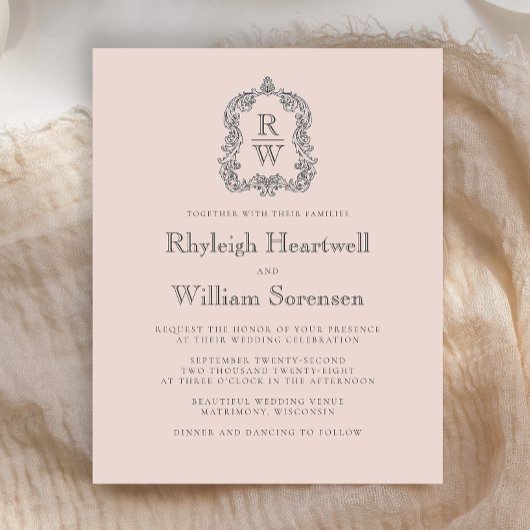 Budget Monogram Crest Blush Pink Wedding Invite