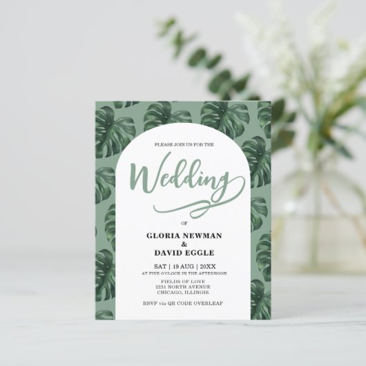 Budget Monstera Leaves Wedding QR Code Invitation (スタンド正面)