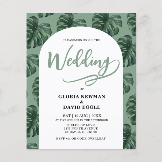 Budget Monstera Leaves Wedding QR Code Invitation (正面)