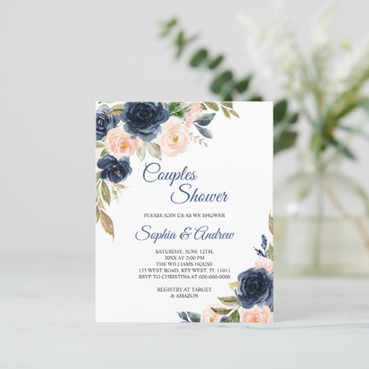 Budget Navy Blue & Blush Couples Shower Invitation (スタンド正面)