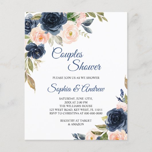 Budget Navy Blue & Blush Couples Shower Invitation (正面)