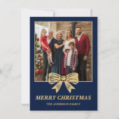 Budget Navy Blue & Gold Bow Family Christmas Photo シーズンカード (正面)