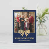 Budget Navy Blue & Gold Bow Family Christmas Photo シーズンカード (スタンド正面)