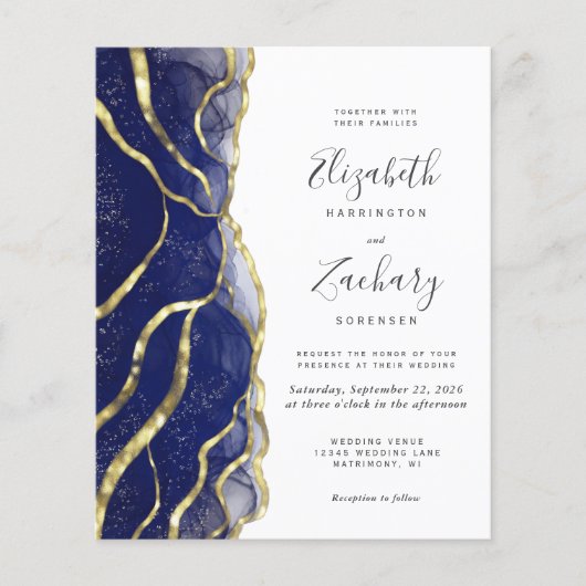 Budget Navy Blue Gold Ink Wedding Invitation (正面)