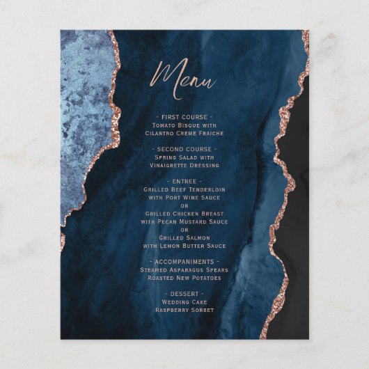 Budget Navy Blue Rose Gold Agate Wedding Menu (正面)