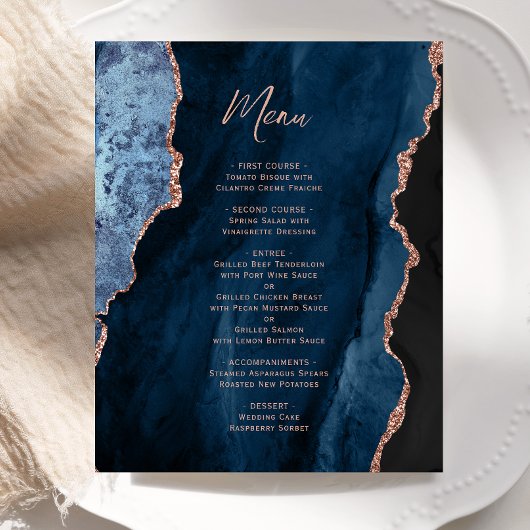 Budget Navy Blue Rose Gold Agate Wedding Menu