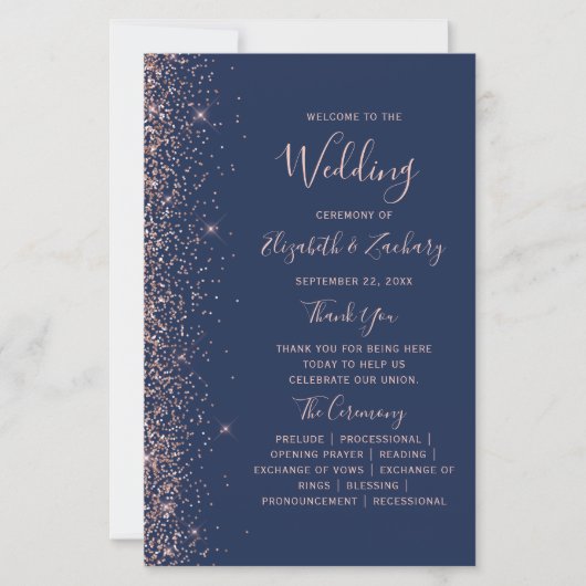 Budget Navy Blue Rose Gold Glitter Wedding Program (正面)