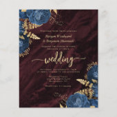 Budget Navy Gold Floral Burgundy QR Code Wedding (正面)