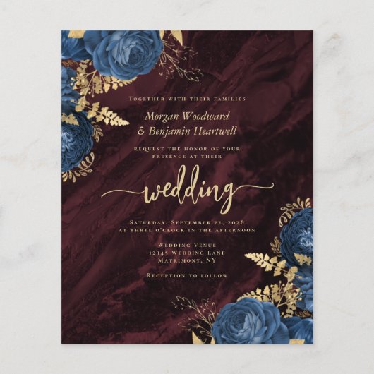 Budget Navy Gold Floral Burgundy QR Code Wedding (正面)