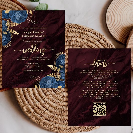 Budget Navy Gold Floral Burgundy QR Code Wedding