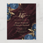 Budget Navy Gold Floral Burgundy Save the Date (正面)