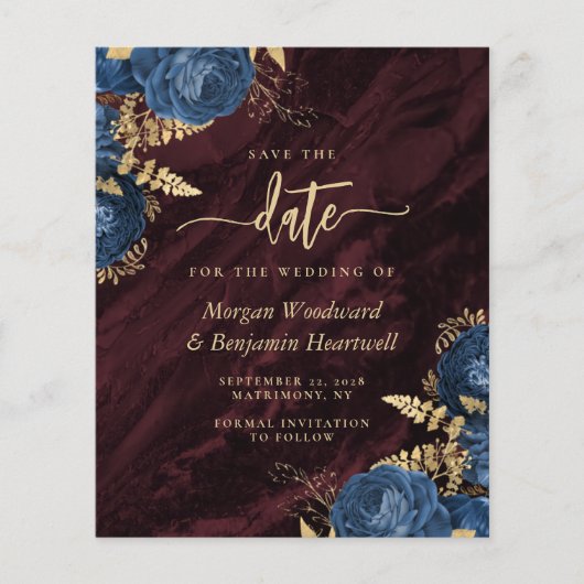 Budget Navy Gold Floral Burgundy Save the Date (正面)