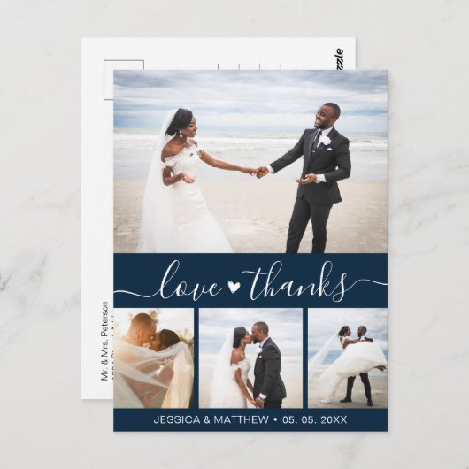 Budget Navy Script Pic Wedding Thank You Postcard ポストカード (正面/裏面)