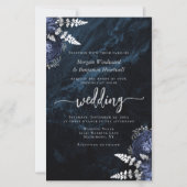 Budget Navy Silver Floral QR Code Wedding Invite (正面)
