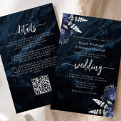 Budget Navy Silver Floral QR Code Wedding Invite