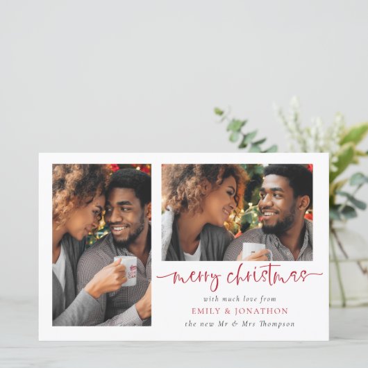 Budget Newlyweds 2枚の写真メリークリスマスカード (スタンド正面)