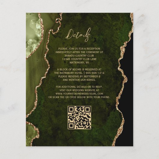 Budget Olive Green Agate Script QR Code Wedding (裏面)