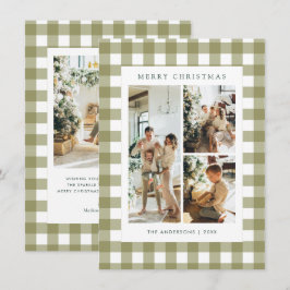 Budget Olive Green Gingham Plaid 4 Photo Christmas シーズンカード