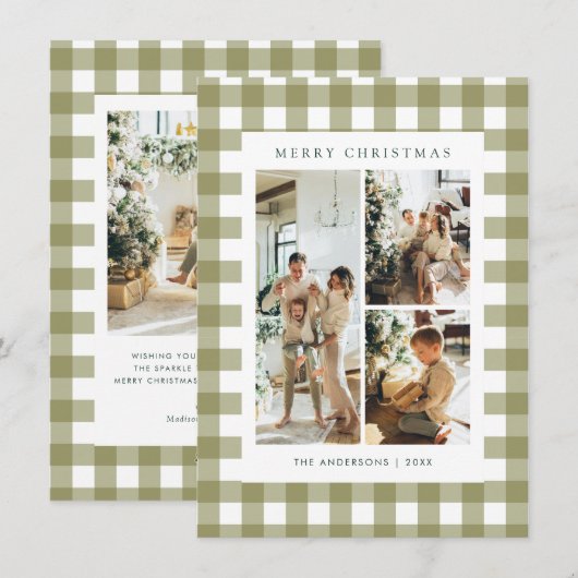 Budget Olive Green Gingham Plaid 4 Photo Christmas シーズンカード (正面/裏面)