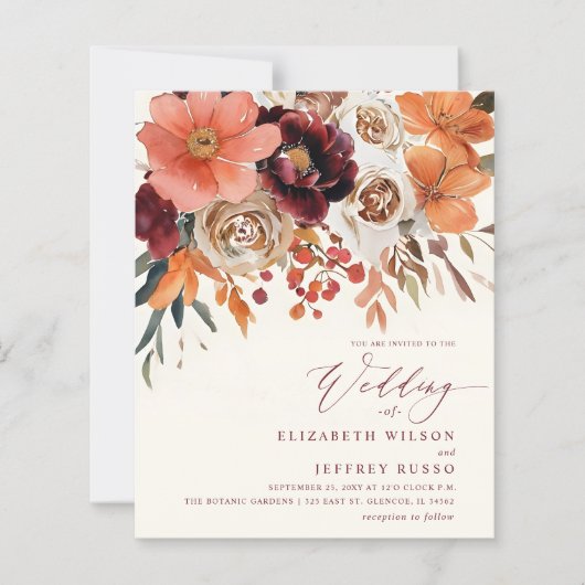Budget Orange Floral Fall Wedding Invitation (正面)