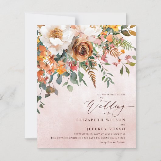 Budget Orange Floral Fall Wedding Invitation (正面)
