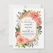 Budget Peach赤面フローラモダン金ゴールド結婚's     招待状 (正面)