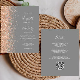 Budget Peach Glitter Gray QR Code Wedding Invite