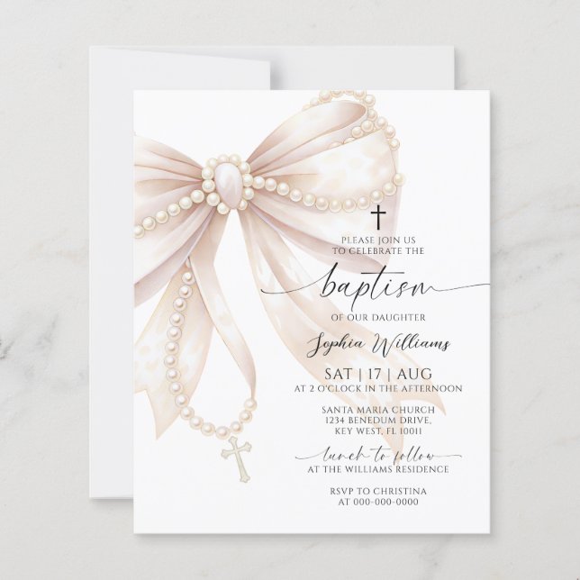 Budget Pearl Rosary Bow Baptism Invitation (正面)
