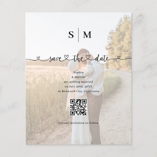 Budget Photo Heart Script Wedding Save the Date チラシ (正面)