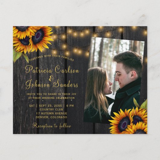 Budget photo rustic sunflower wedding invitation チラシ (正面)