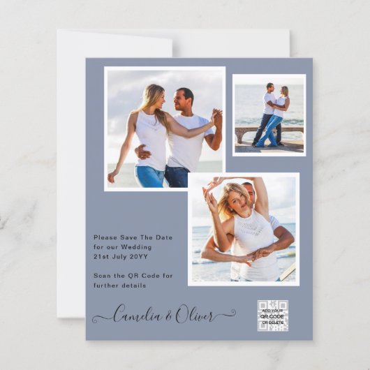 Budget Photo Save the Date BLUE QR Code RSVP (正面)