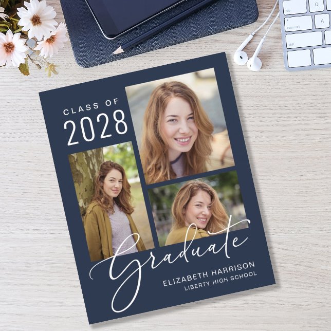 Budget Photo Script Blue卒業のお知らせ (An elegant photo collage graduation announcement to celebrate the graduate's achievements)