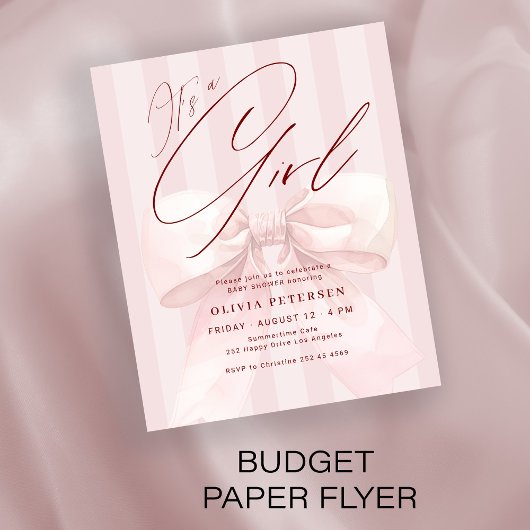 Budget pink bow its a girl baby shower invitation チラシ