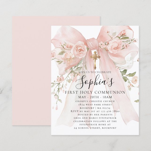 BUDGET Pink Bow Rose Floral First Communion Invite (正面/裏面)
