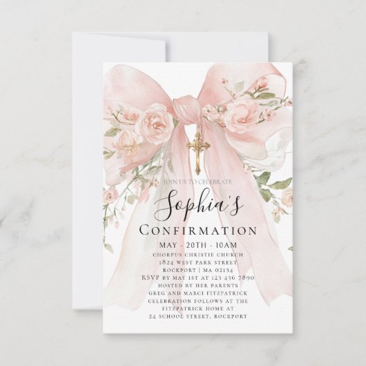 BUDGET Pink Bow Rose Floral Girl Confirmation 招待状 (正面)