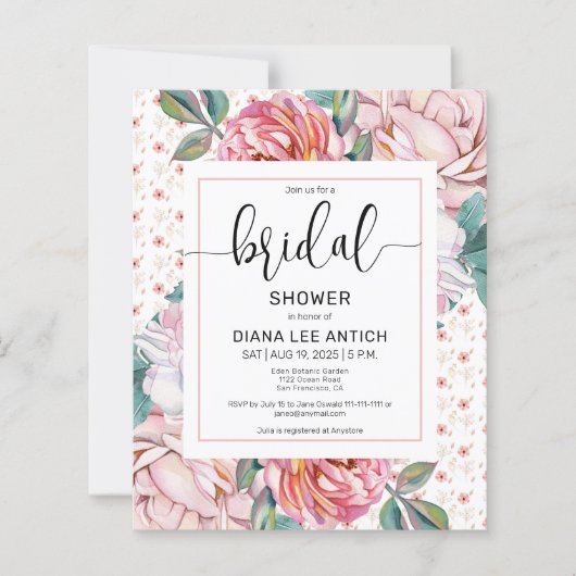 Budget Pink Floral Bridal Shower Invitation (正面)