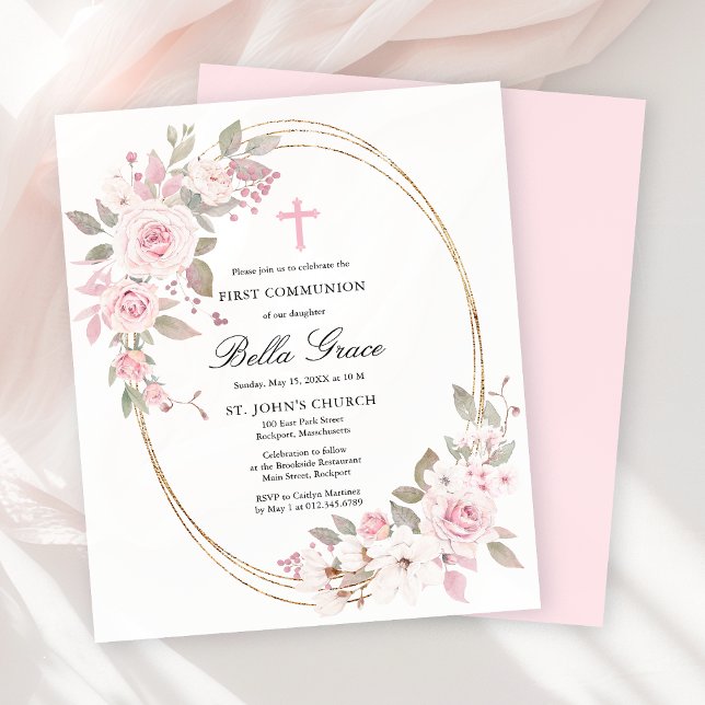 Budget Pink Floral First Holy Communion Invitation (クリエイターアップロード済み)