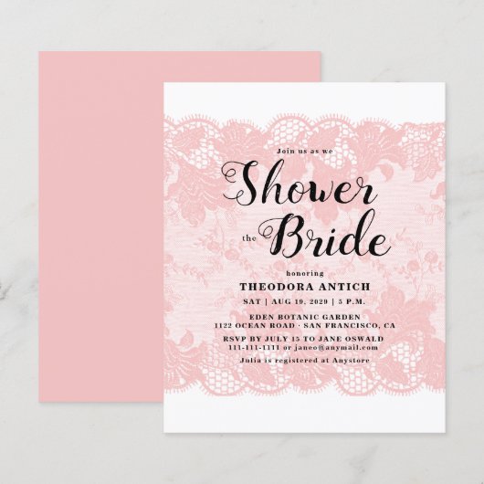 Budget Pink Lace Bridal Shower Invitation (正面/裏面)