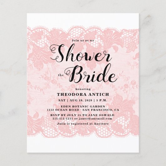 Budget Pink Lace Bridal Shower Invitation (正面)