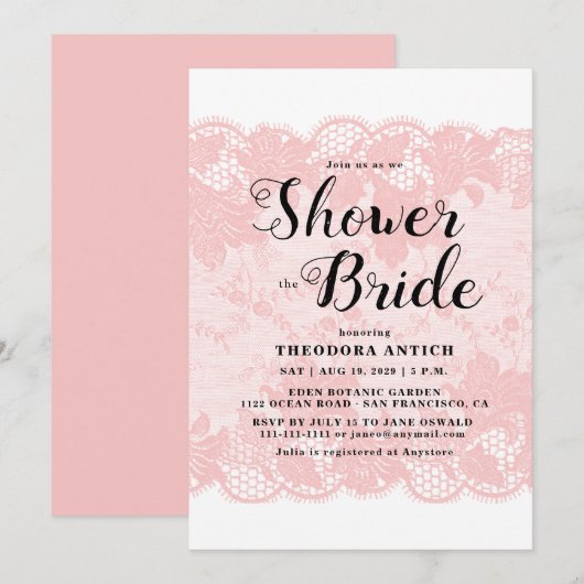 Budget Pink Lace Bridal Shower Invitation 招待状 (正面/裏面)