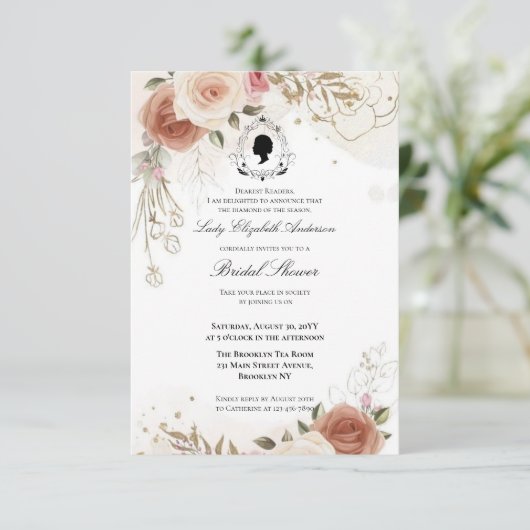 Budget Purple Florals Bridgerton Bridal Shower 招待状 (スタンド正面)