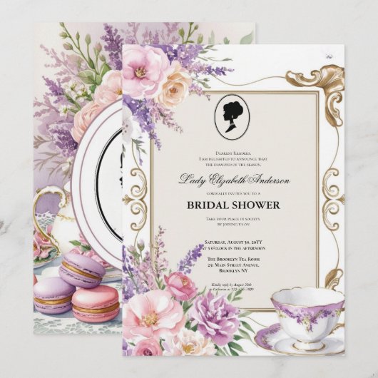 Budget Purple Florals Bridgerton Bridal Shower 招待状 (正面/裏面)