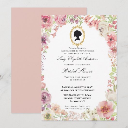 Budget Purple Florals Bridgerton Bridal Shower 招待状 (正面/裏面)