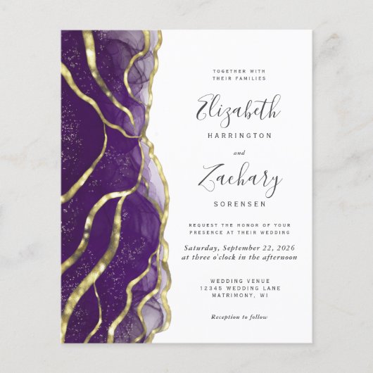 Budget Purple Gold Ink Wedding Invitation (正面)
