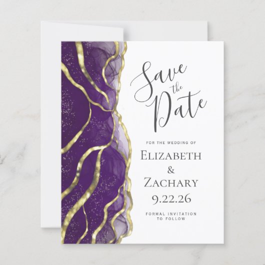Budget Purple Gold Ink Wedding Save the Date (正面)