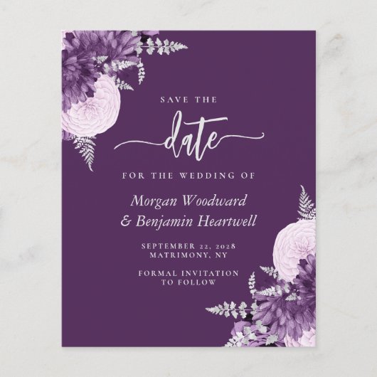 Budget Purple Lilac Silver Floral Save the Date (正面)